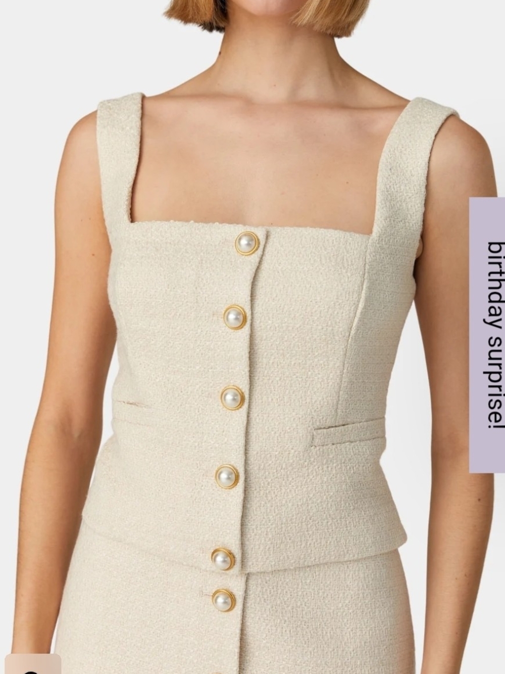 French Connection Cream Textured Pearl-Button Crop Top